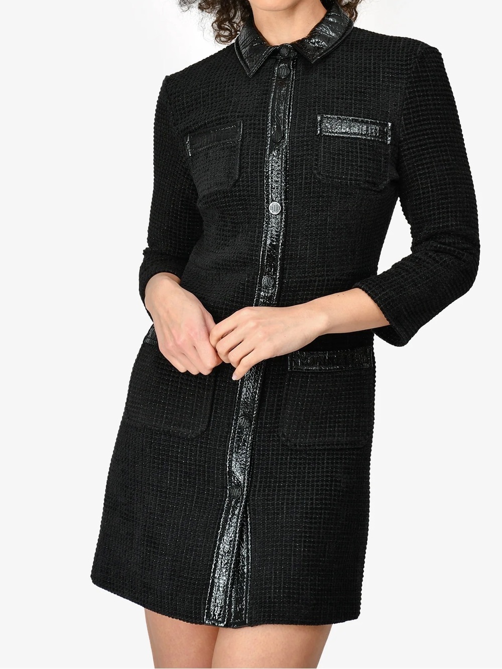 MAJE BLACK TWEED FAUX LEATHER TRIMMED DETAILED LONG SLEEVE Jacket Dress Sz36